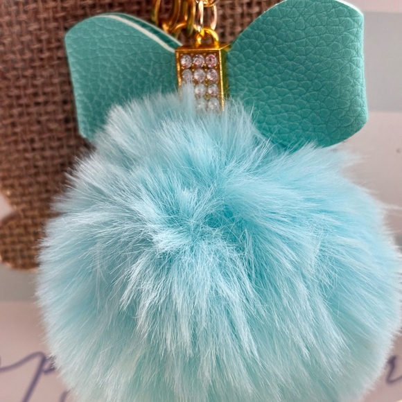 Turquoise Fur Pom Pom upcycled jewelry bag charm with Gold Chain - Picture 5 of 8